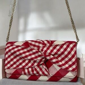 Talbots Red and White Gingham Bow Shoulder Handbag Clutch Gold Accent Chain New